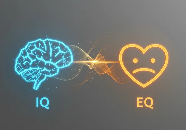 Abstract art of a brain and heart connected by light.
