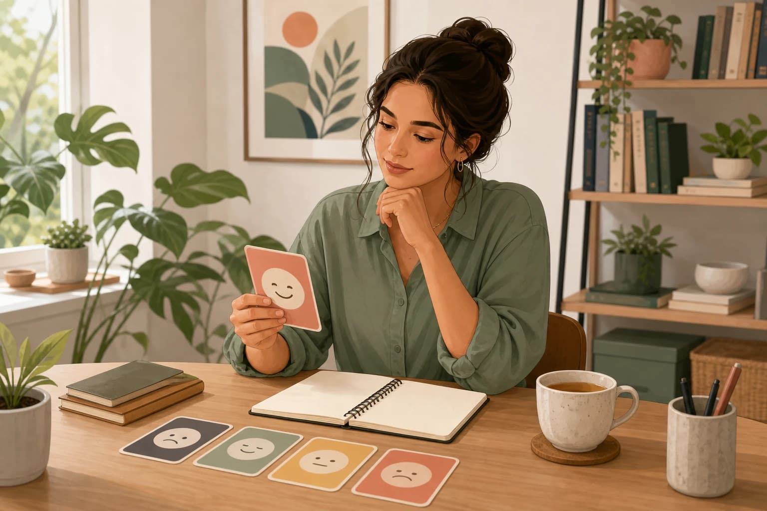 Person reflecting with mood cards