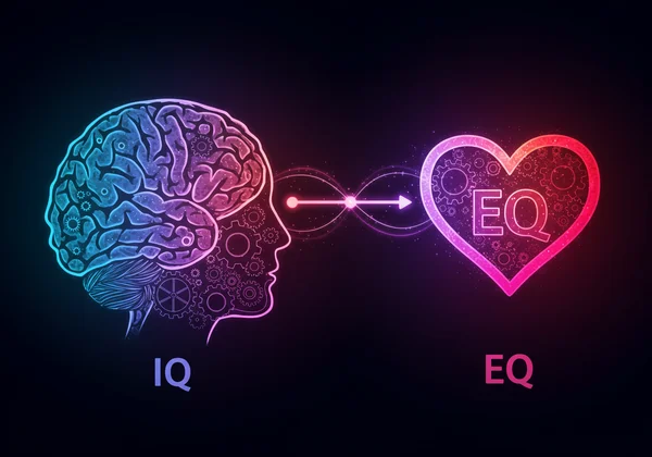 Bộ não với bánh răng và trái tim cho sự cân bằng IQ và EQ
